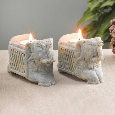 Alternate image for Elephant Openwork Carved Soapstone Tealight Holders Pair Royal Majesty