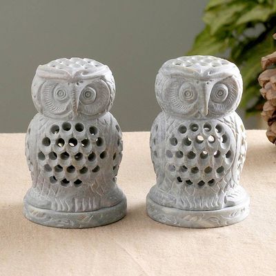 Primary image for 2 Owl-Shaped Openwork Hand-Carved Soapstone Tealight Holders Lucky Owls