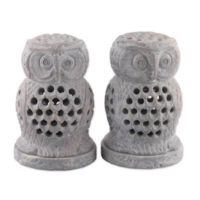 Alternate image for 2 Owl-Shaped Openwork Hand-Carved Soapstone Tealight Holders Lucky Owls