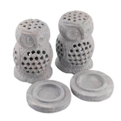 Alternate image for 2 Owl-Shaped Openwork Hand-Carved Soapstone Tealight Holders Lucky Owls