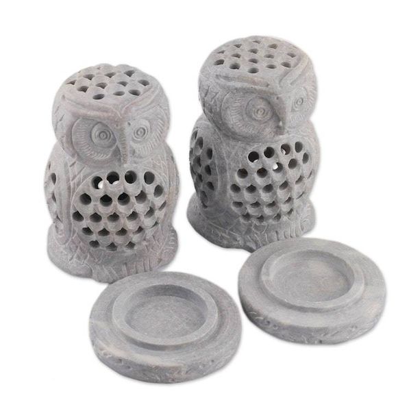 Alternate image for 2 Owl-Shaped Openwork Hand-Carved Soapstone Tealight Holders Lucky Owls