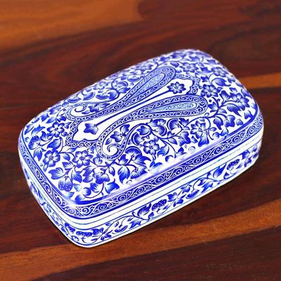 Alternate image for Folk Art Blue and White Papier Mache and Wood Jewelry Box Paradise in Blue