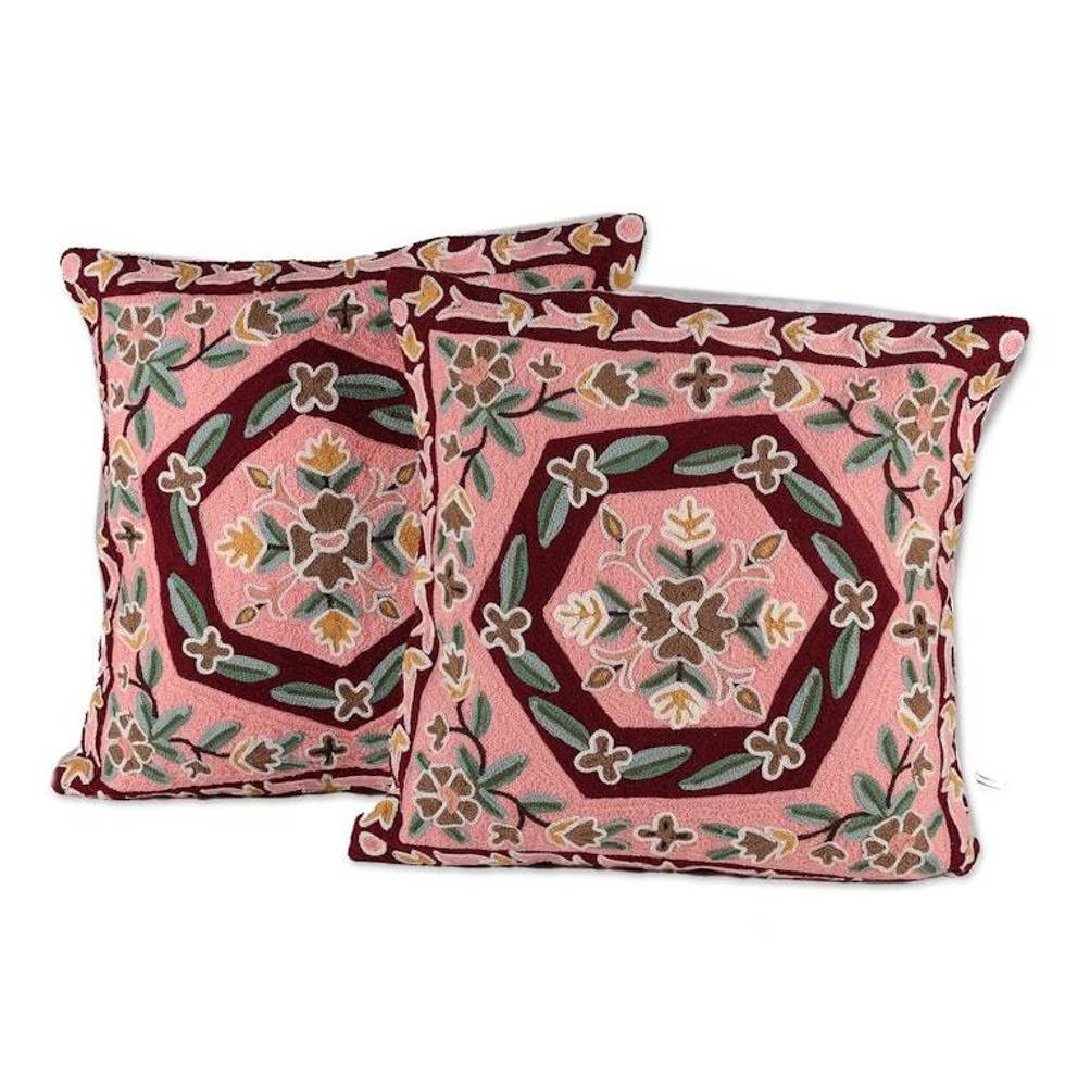 Pink and Burgundy Embroidered Cotton Cushion Cover Pair 'Woven Whispers'