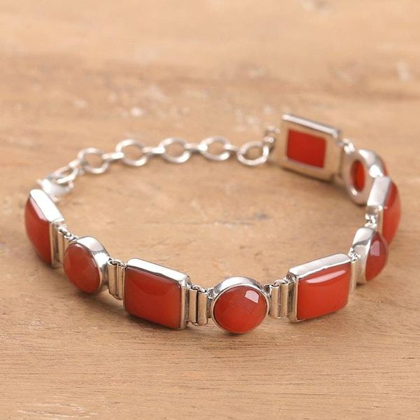 Alternate image for Natural 14-Carat Carnelian and Sterling Silver Link Bracelet Connected to Courage
