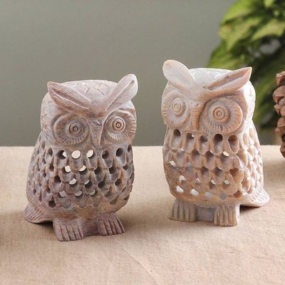 Primary image for Owl-Themed Openwork Jali Soapstone Tealight Holders Pair Owl Glory