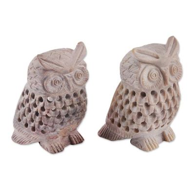 Alternate image for Owl-Themed Openwork Jali Soapstone Tealight Holders Pair Owl Glory