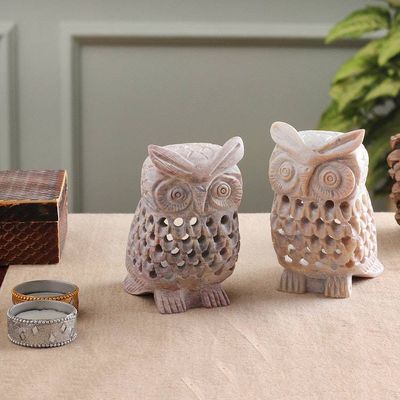 Alternate image for Owl-Themed Openwork Jali Soapstone Tealight Holders Pair Owl Glory