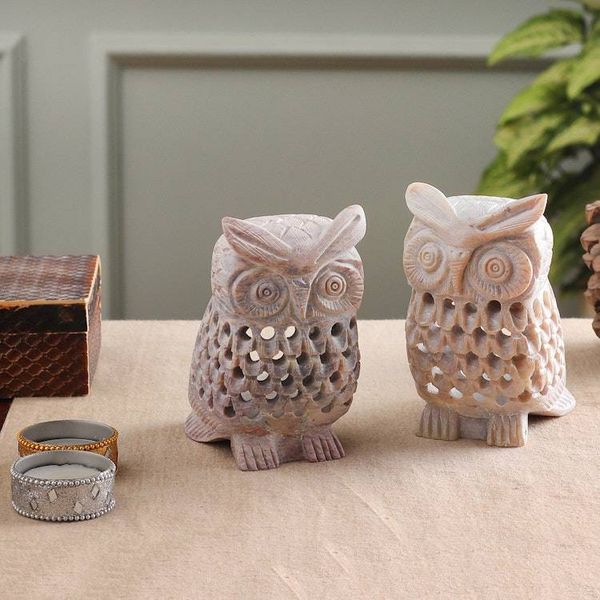 Alternate image for Owl-Themed Openwork Jali Soapstone Tealight Holders Pair Owl Glory
