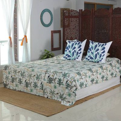 Primary image for Jungle-Themed Embroidered Cotton Queen Bedspread in White Morning Jungle Story