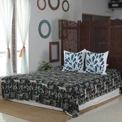 Primary image for Tropical-Themed Embroidered Cotton Queen Bedspread in Black Night Jungle Story