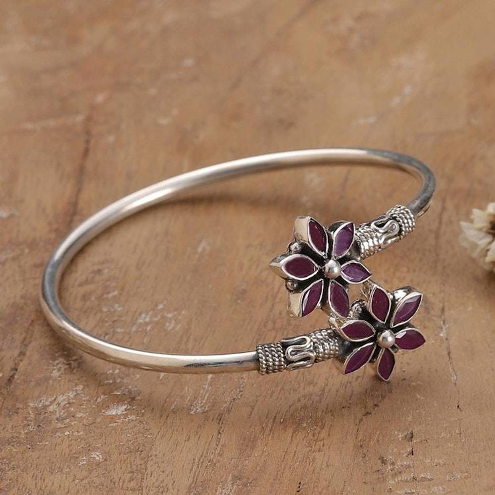 Floral-Themed Cubic Zirconia Sterling Silver Cuff Bracelet 'Floral Enigma'