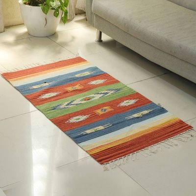 Alternate image for Boho Geometric Hand-Loomed Cotton Dhurrie Area Rug 2x4 Vibrant Dreams