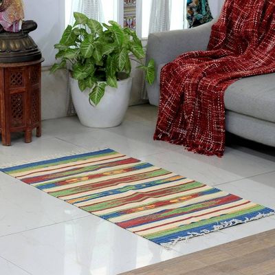 Alternate image for Folk Art Geometric Dhurrie Rug Hand-Woven in Cotton 2x4 Rainbow Fantasy