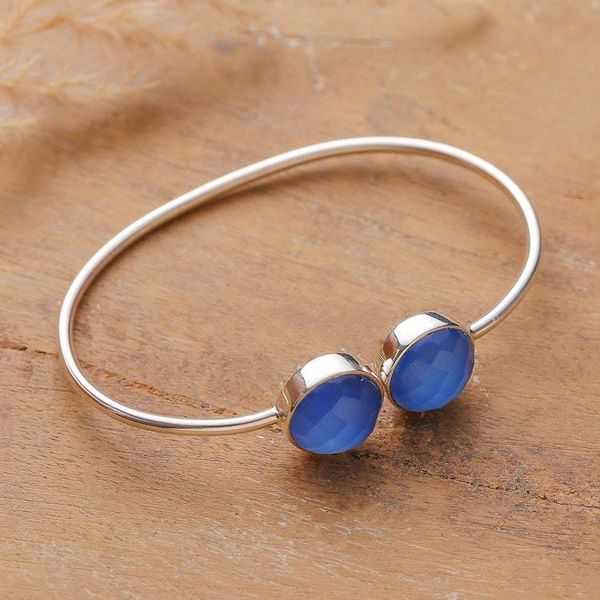 Alternate image for Silver Cuff Bracelet with Blue Checkerboard Chalcedony Gems Serenity Aura