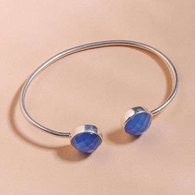 Alternate image for Silver Cuff Bracelet with Blue Checkerboard Chalcedony Gems Serenity Aura