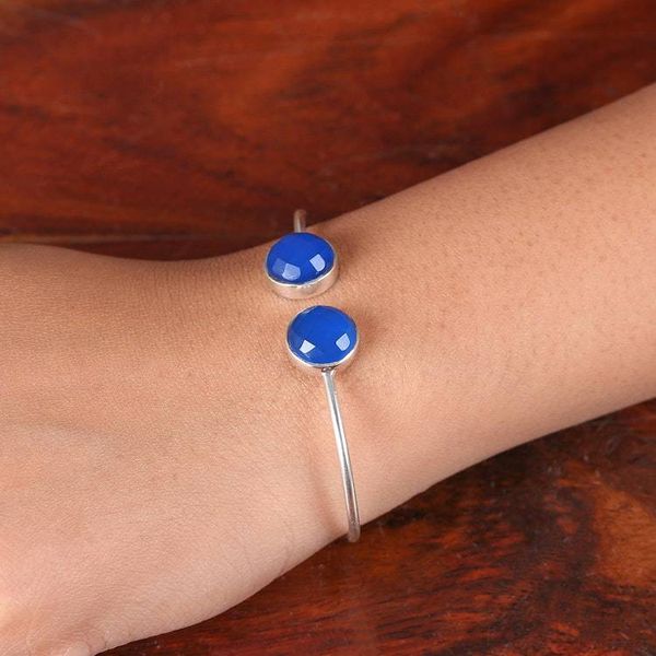 Alternate image for Silver Cuff Bracelet with Blue Checkerboard Chalcedony Gems Serenity Aura