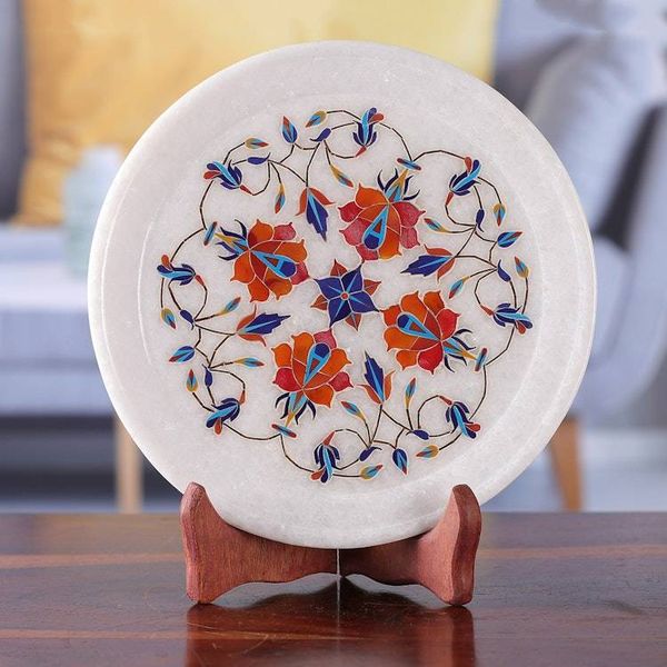 Alternate image for Marble Inlay Plate with Wood Stand Rose Mosaic