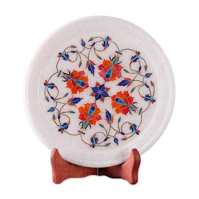 Alternate image for Marble Inlay Plate with Wood Stand Rose Mosaic