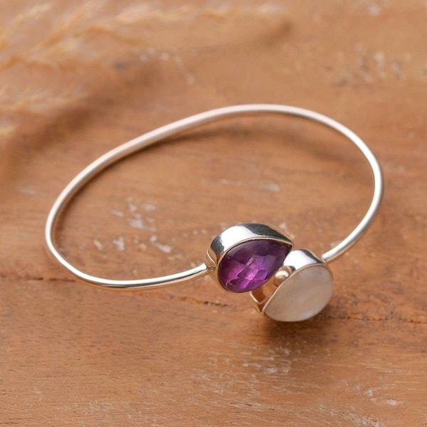 Alternate image for Silver Cuff Bracelet with Pear Amethyst Rainbow Moonstone Moonlit Aura