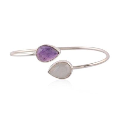 Alternate image for Silver Cuff Bracelet with Pear Amethyst Rainbow Moonstone Moonlit Aura