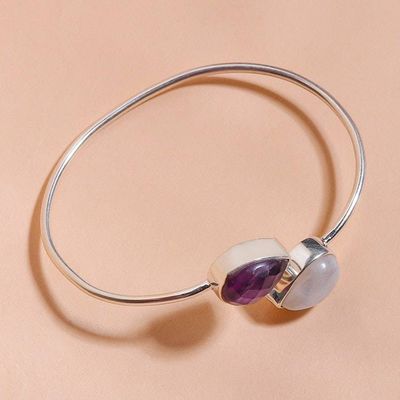 Alternate image for Silver Cuff Bracelet with Pear Amethyst Rainbow Moonstone Moonlit Aura