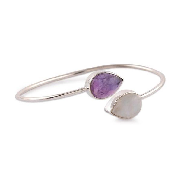 Alternate image for Silver Cuff Bracelet with Pear Amethyst Rainbow Moonstone Moonlit Aura