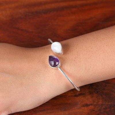 Alternate image for Silver Cuff Bracelet with Pear Amethyst Rainbow Moonstone Moonlit Aura