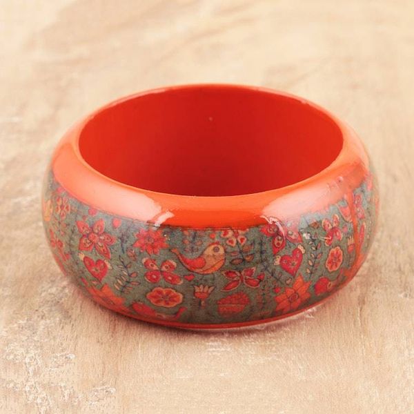 Alternate image for Bird Motif Haldu Wood Bangle Bracelet Crafted in India Bird Garden