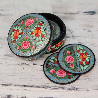Alternate image for Artisan Crafted Papier Mache Coasters with Holder Set of 6 Kashmir Floral
