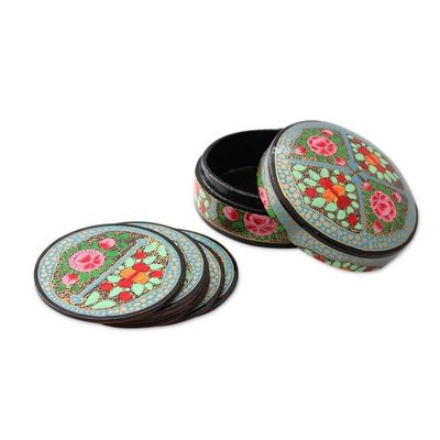 Alternate image for Artisan Crafted Papier Mache Coasters with Holder Set of 6 Kashmir Floral