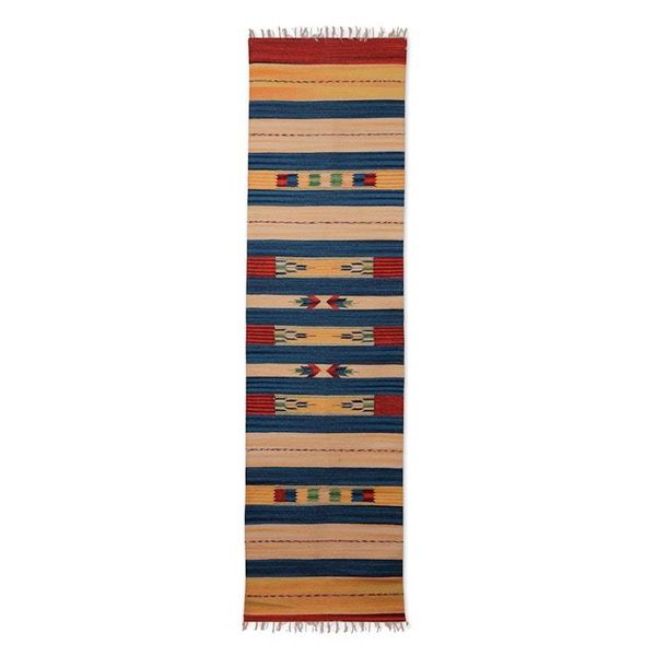 Alternate image for Handwoven Geometric Fringed Cotton Dhurrie Runner 2x7 Geometric Floral Harmony
