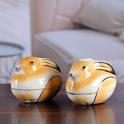 Alternate image for Artisan Crafted Papier Mache Decorative Bunny Boxes Pair Charismatic Rabbits