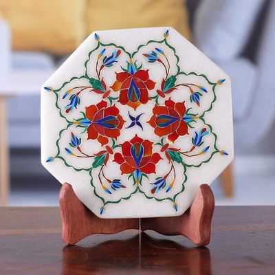 Primary image for Floral Inlay on Marble Decorative Plate with Stand Floral Maze