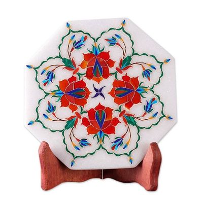 Alternate image for Floral Inlay on Marble Decorative Plate with Stand Floral Maze