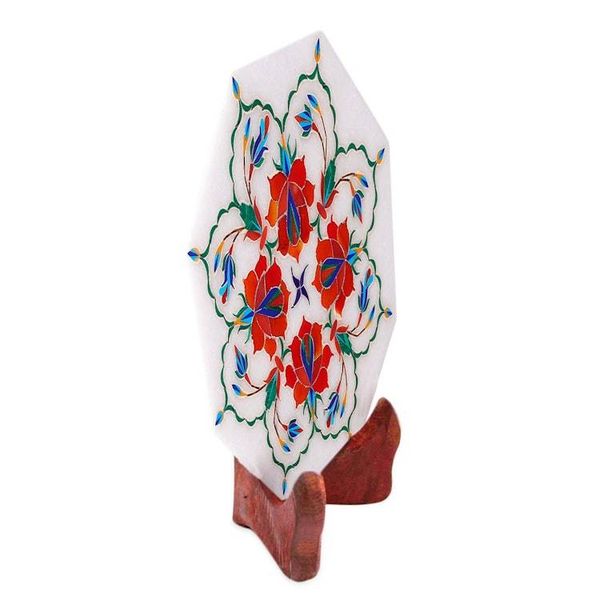 Alternate image for Floral Inlay on Marble Decorative Plate with Stand Floral Maze