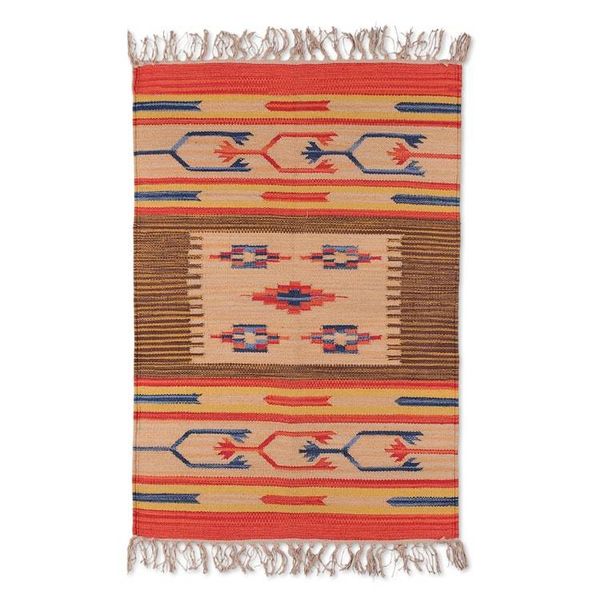 Alternate image for Classic Handloomed 100 Cotton Fringed Dhurrie Rug 2x3 Echoes of Tradition