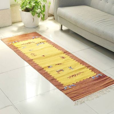 Alternate image for Folk Art-Inspired 2x6 100 Cotton Fringed Dhurrie Runner Rug Pastoral Harmony