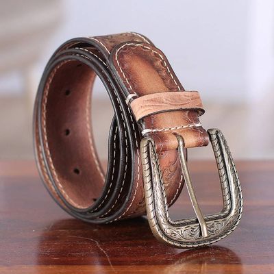 Alternate image for Artisan-Made Brown Mens Embossed Leather Belt from India Sepia Aesthetic