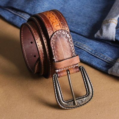 Alternate image for Artisan-Made Brown Mens Embossed Leather Belt from India Sepia Aesthetic