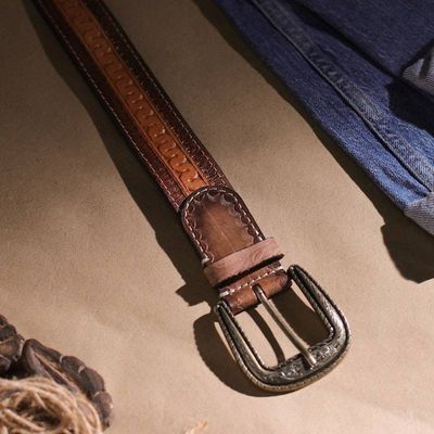 Alternate image for Artisan-Made Brown Mens Embossed Leather Belt from India Sepia Aesthetic