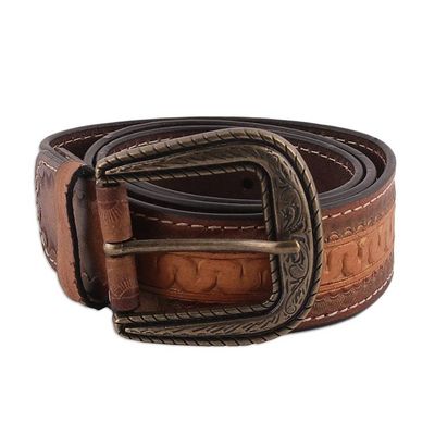 Alternate image for Artisan-Made Brown Mens Embossed Leather Belt from India Sepia Aesthetic