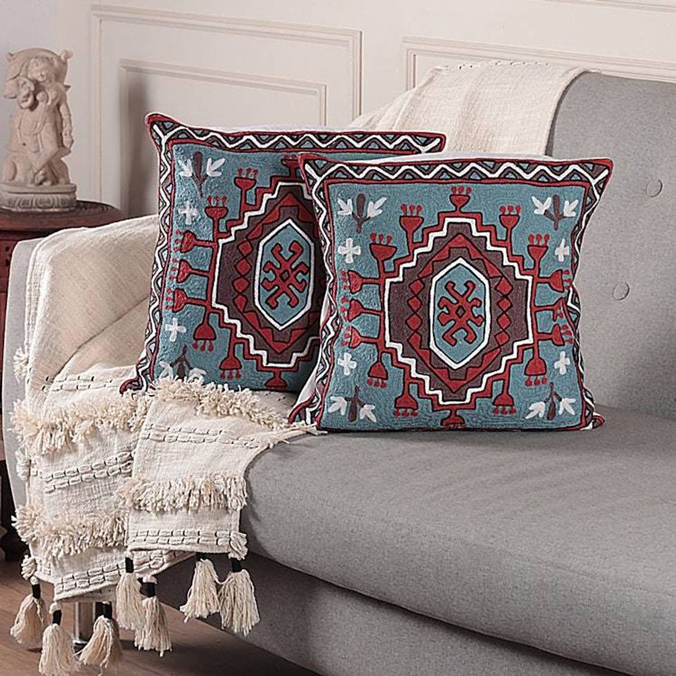 Pair of Chain-Stitched Geometric Cotton Cushion Covers 'Abstract Fountain'