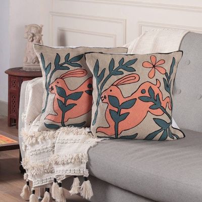 Primary image for 2 Rabbit Nature-Themed Chain-Stitched Cotton Cushion Covers Playful Rabbits