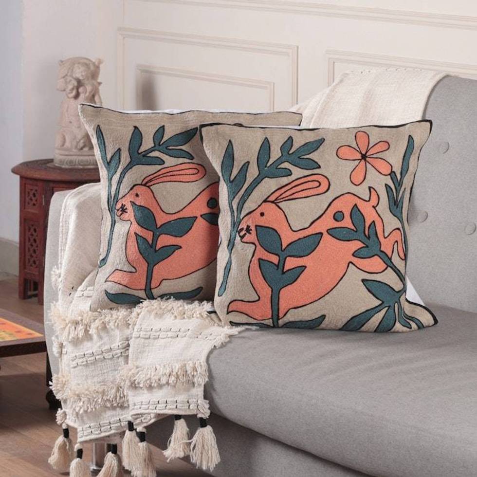 2 Rabbit Nature-Themed Chain-Stitched Cotton Cushion Covers 'Playful Rabbits'
