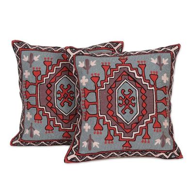 Alternate image for Pair of Chain-Stitched Geometric Cotton Cushion Covers Abstract Fountain