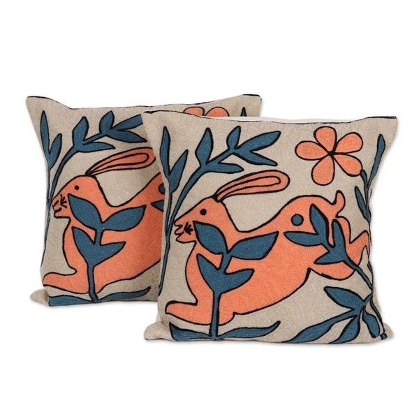 Alternate image for 2 Rabbit Nature-Themed Chain-Stitched Cotton Cushion Covers Playful Rabbits