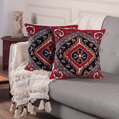 Primary image for Pair of Cotton Cushion Covers with Chain Stitch Embroidery Hypnotic Kites