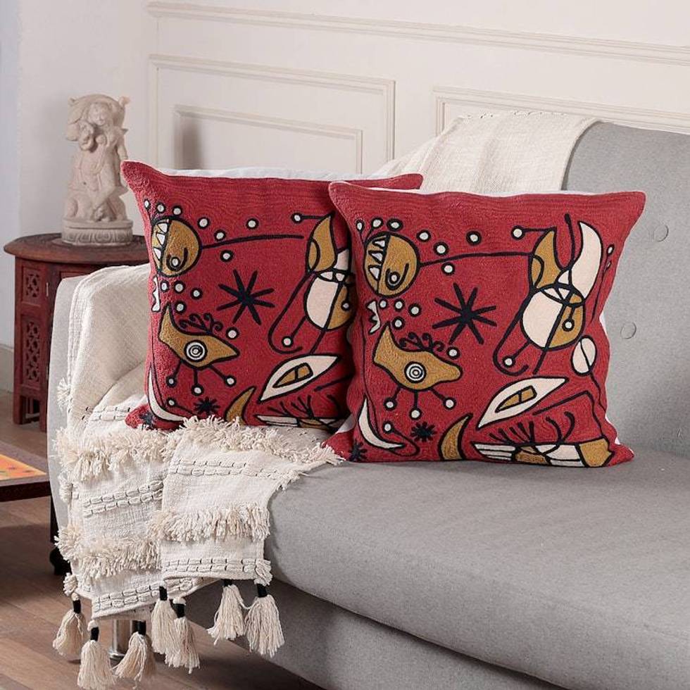 Pair of Abstract Modern Embroidered Cotton Cushion Covers 'Contemporary Expressions'