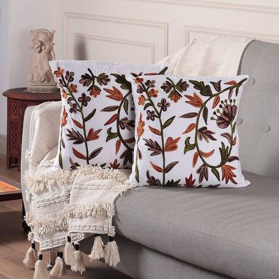 Primary image for Pair of Nature-Themed Embroidered Cotton Cushion Covers Floral Majesty