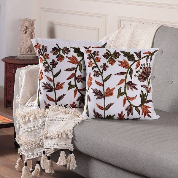 Alternate image for Pair of Nature-Themed Embroidered Cotton Cushion Covers Floral Majesty